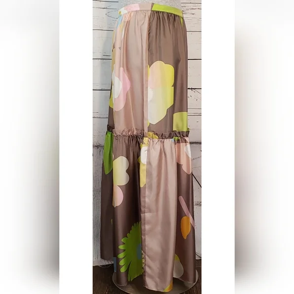 Cynthia Rowley Maxi Skirt, Brown Floral Silk, Size XL, 12 *NEW!*